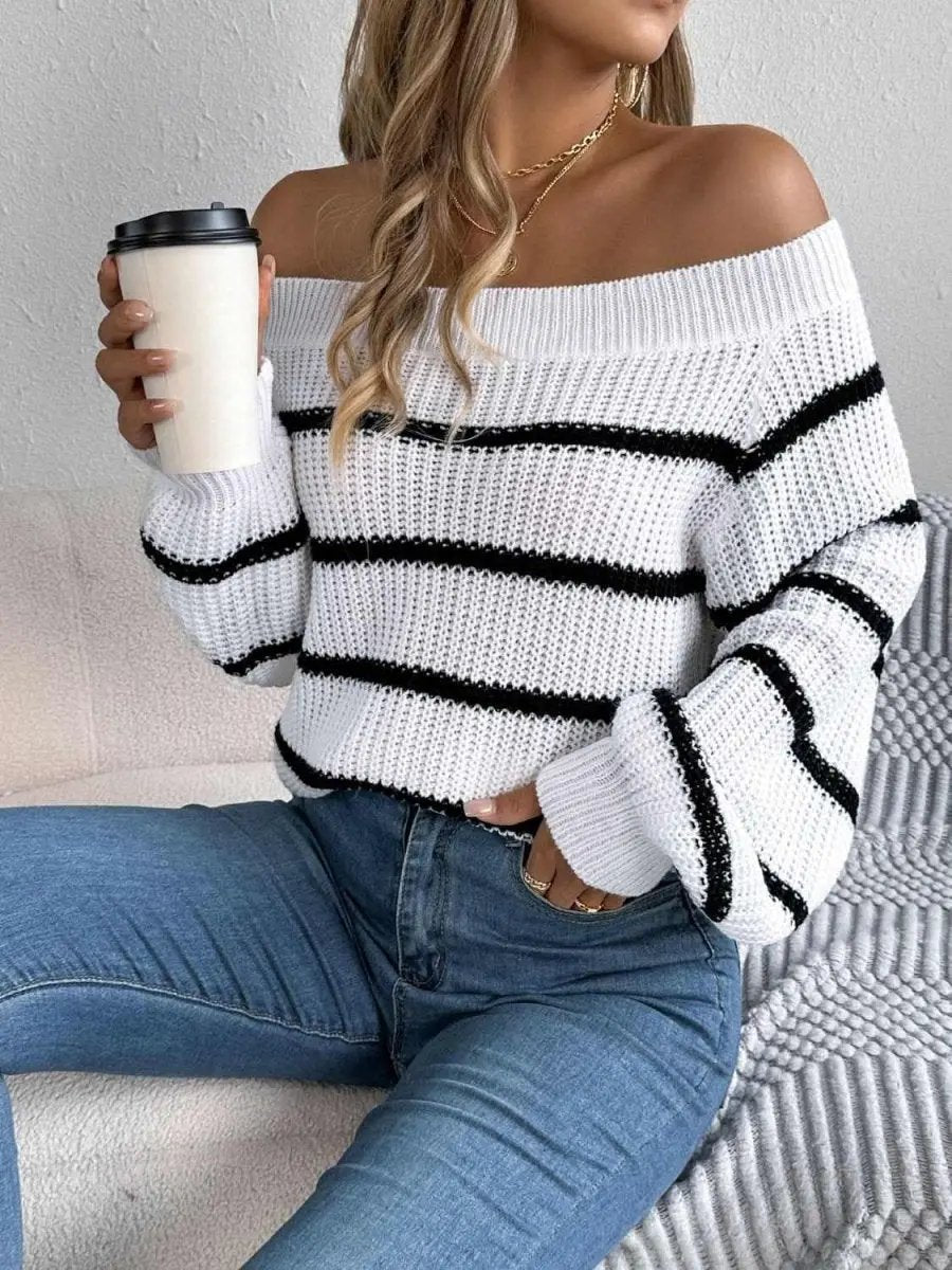 Striped Off-Shoulder Long Sleeve Sweater - Love Salve